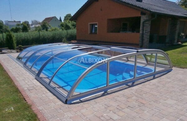 Dallas A Clear telescopic pool enclosure open