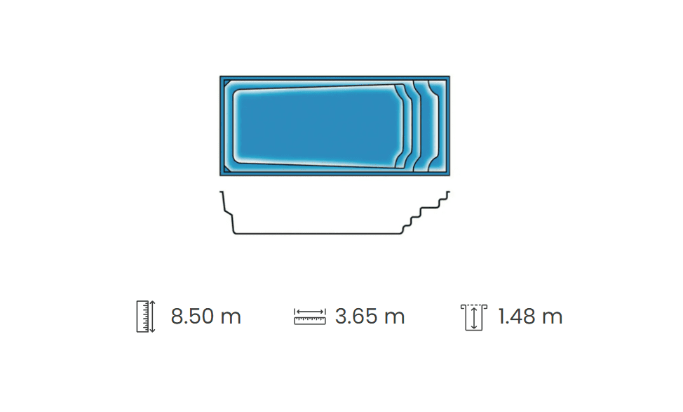 Octalia pool technical drawing showing a length of 8.50 metres, width of 3.65 metres and depth of 1.48 metres