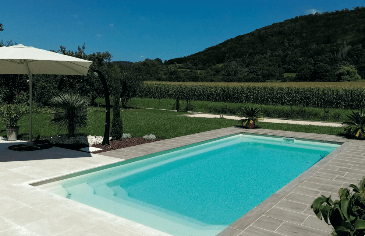 Completed Octalia swimming pool in a landscaped garden