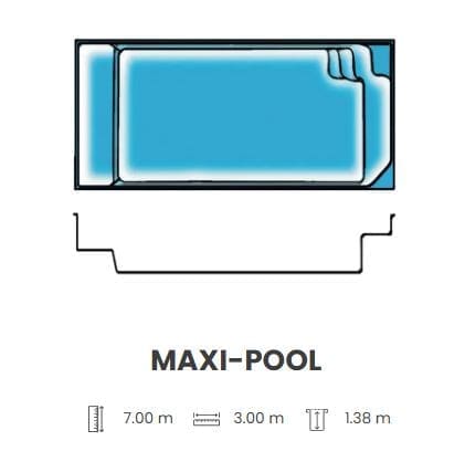 Technical illustration of the Maxi Pool measuring 7 metres long, 3 metres wide and 1.38 metres deep